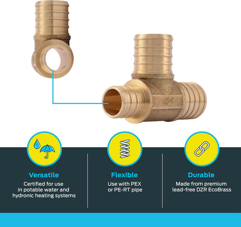 SharkBite Crimp Reducing Tee, 1 x 3/4 x 1 Inch, Brass Plumbing Fitting for PEX Pipe, PE-RT, UC418LFA