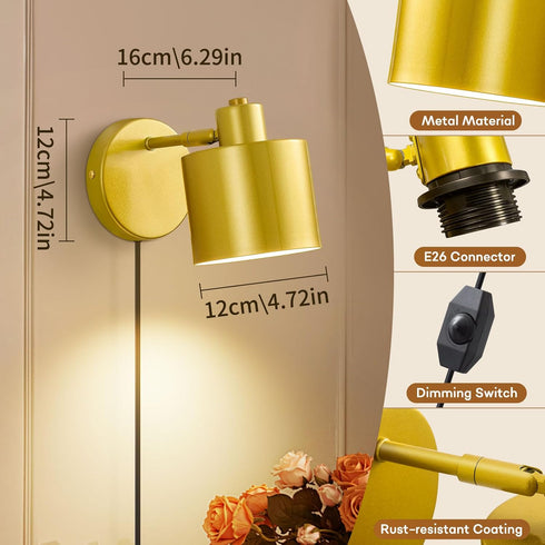 Dimmable 350 Stairway((Bulb Lightess Plug in Wall Sconce with Switch, Wall Lamp Plug in Rotatable, Gold Wall Mounted
