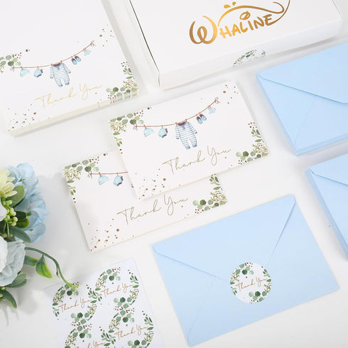 50 Pack Whaline Baby Shower Thank You Cards Boxed Blue Cloth Note Card with Envelopes Stickers Greeting Blank Cards