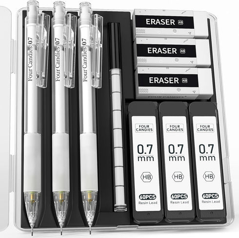 Four Candies Cute Mechanical Pencil Set with Case - 3PCS 0.7mm Pencils with 180PCS HB Lead Refills, White Clear