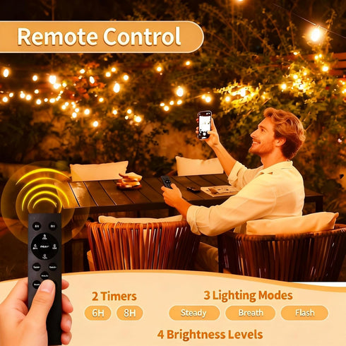 50ft 25 Bulbs Voltage(24V) Dimmable IP65 G40 SANBEN Outdoor String Lights with Remote, Low Patio Lights, & Timer