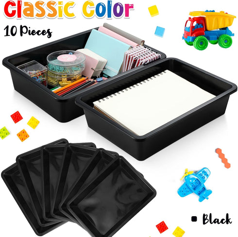 Qunclay 10 Pcs Flat Storage Tray Organizer, Letter Size Paper Trays, Stackable File Paper Tray for School Office, Black