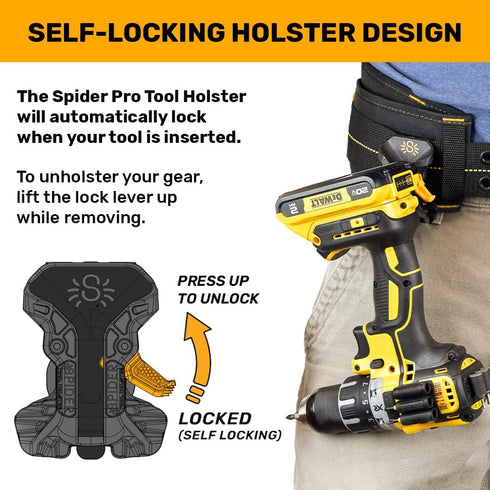 Spider Pro Tool Holster - Upgraded, Self Locking, Quick Draw Universal Tool Holder with Thumb Lock