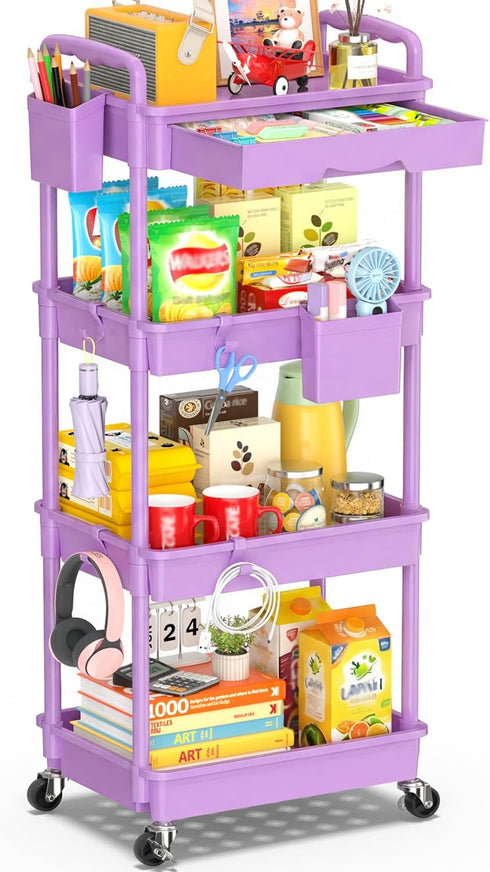 SUNALLY 4 Tier Rolling Cart Organizer with Drawer, Bathroom Storage Carts with