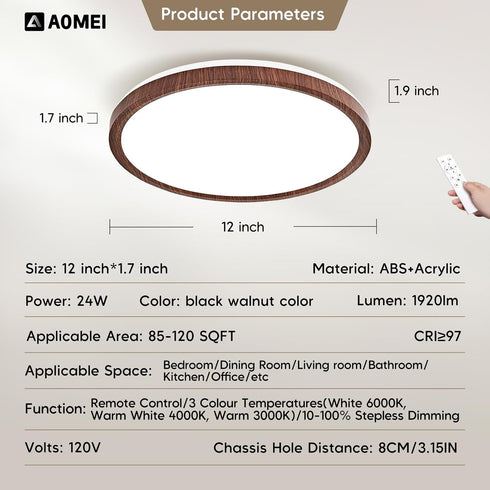 AOMEI 36W 3000-6000K (1, 12 inch) Black Walnut Style Flush Mount Ceiling Light Full Spectrum Eye-Care LED, Sealed ABS