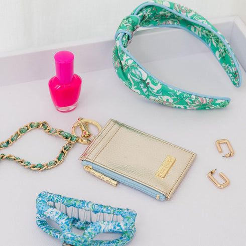 Lilly Pulitzer Lanyard with ID Holder, Keychain Wallet for School or Office, Gold Zipper Wallet, Blossom Views