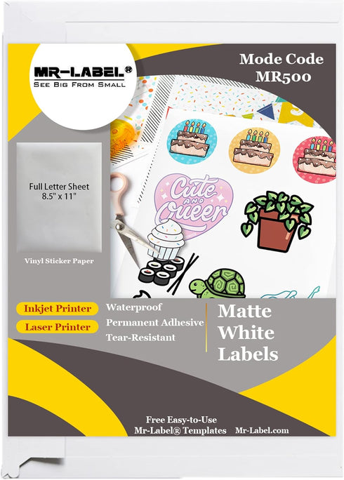 Mr-Label White Matte Printable Vinyl Sticker Paper, Waterproof Full Letter Sheet for Inkjet/Laser Printer, 10 Sheets