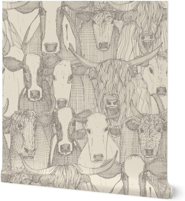 Spoonflower Removable Wallpaper 3ft x 2ft - Neutral Cow Cattle Farming Rustic