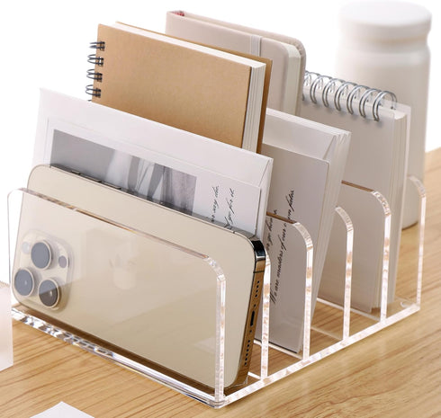 SANRUI Clear Desktop File Organizer, 5 Compartments Acrylic Document Sorter for Office, Home, School