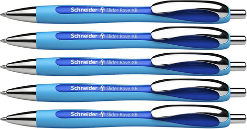 Schneider Slider Rave XB Ballpoint Pens, Refillable + Retractable, Light Blue Barrel, Box of 5