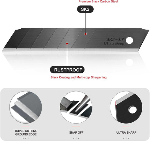 HAUTMEC 18mm Extra Heavy Duty Utility Knife with Double Lock Mechanism and 10pc Blade Set, SK2 Sharp Black Blade for