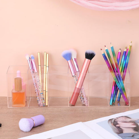 Xaajooio 2 6 Pcs Acrylic Makeup Brush Holder and Pencil Organizer, Compartments Clear Pen Holder for Desk, Office