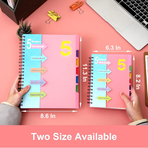 CAGIE Pink Spiral Notebook, 8.5 x 11 with Dividers, 220 Pages, 5 Subject Notebook with Tabs, Hardcover A4 Journal