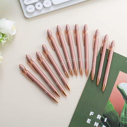 PASISIBICK 12 Pieces Rose Gold Ballpoint Pen with Stylus Tip, 2 in 1 Stylish Metal Pens for Touch Screens, 1.0 mm Black