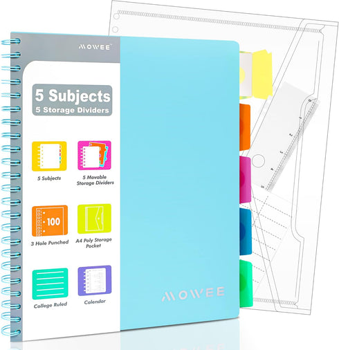 Spiral Notebook - 5 Subject College Ruled Notebook, 3-Hole Punched with Dividers and Storage Pockets, 200 Pages