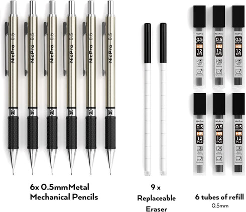 Nicpro 0.5 mm Art Mechanical Pencils Set, 6 PCS Metal Drafting Pencil with 6 Tube HB Lead Refills & 18 Eraser Refills