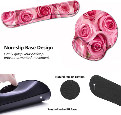 Keyboard Wrist Rest and Mouse Pad Wrist Support Set with Coasters, Non-Slip PU Base Ergonomic Gaming Mousepad (Pink