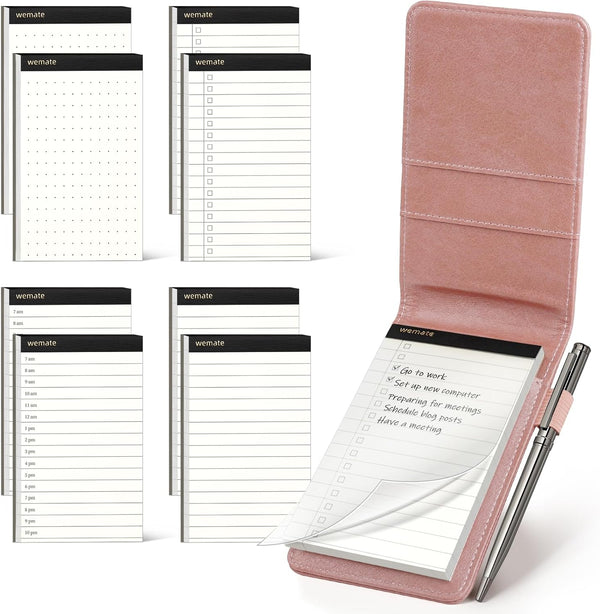 WEMATE 10 Pieces Small Notepad Holder Set, Pocket Notebook with 8 Memo Book Refills and Metal Pen, 3 x 5 Inch, Rose Gold