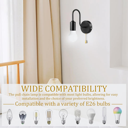 SEWACC Vintage Industrial Pull Chain Wall Sconce with Switch Black Wall Lamp Fixture for Indoor Hallway Bedroom