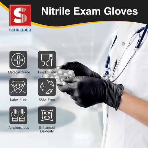 Schneider Nitrile Exam Gloves, Black Latex Free Powder Free Disposable Gloves for Medical, Cooking, Cleaning, and Food