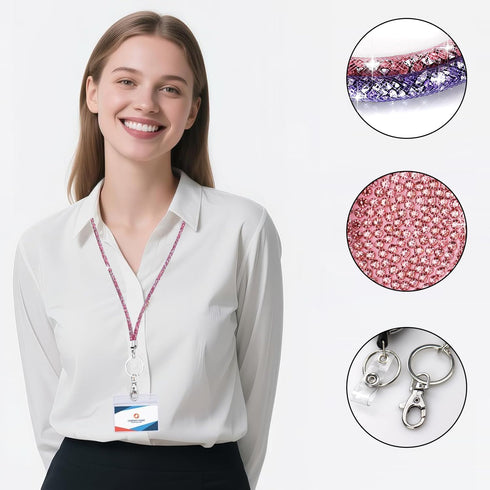 VIQWYIC 2 Pack Retractable ID Badge Holder, Bling Neck Strap Lanyard, Clear Card Holder for Office Workers (Pink&Purple)