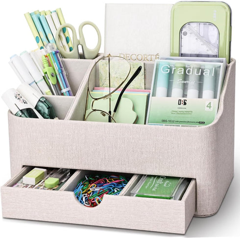 KINGFOM PU Leather Desk Organizer with Drawer, 5 Compartments Desktop Storage Caddy