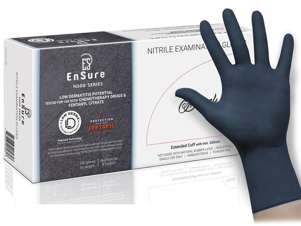 EnSure Low Derma Gray Black Powder Free Nitrile Exam Gloves, Extended Cuff, 100, X-Large