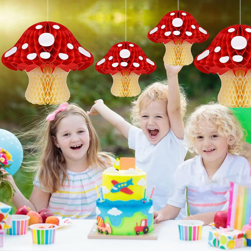 5 Pack Mushroom Honeycomb Paper Decorations - Cute Woodland Party Decor for Baby Shower, Kids Birthday, Backyard Garden