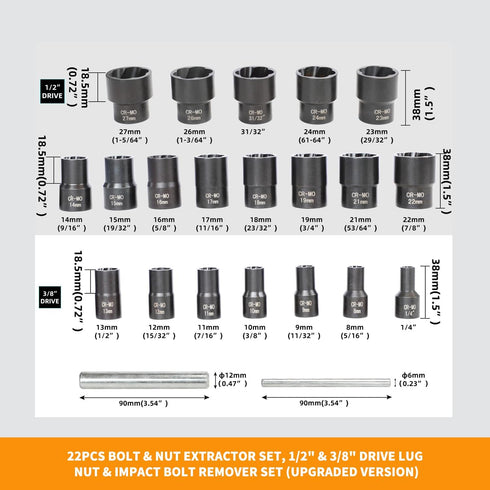 YOYUTOX 22 Set, 1/2" 3/8" Frozen Piece Bolt Nut Extractor & Drive Impact Lug Nut Removal Tool & Wheel Lock Removal Kit