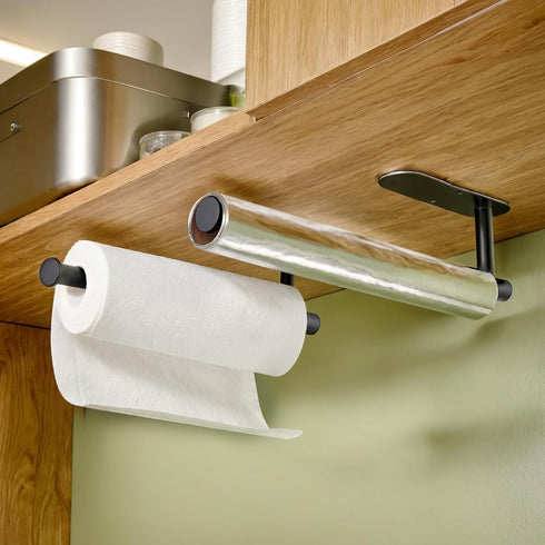 JOY DECOR 2 Pack SUS304 Paper Towel Holder - Matte Black Stainless Steel, Under Cabinet Self Adhesive Or Drilling Paper