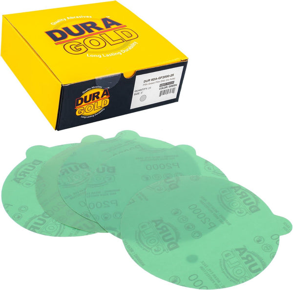 Dura-Gold Premium 6" Green Film PSA Sanding Discs - 2000 Grit, Box of 25, Self Adhesive Sandpaper for Automotive & Wood