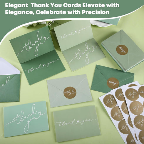 Supervitae 100 Pack 3.5 5 Inch Green Thank You Cards Bulk with Envelopes and Stickers x Thank You Cards for Baby Shower