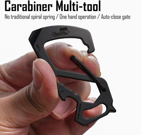 KeyUnity KS00BK Carabiner Clip Multitool - Stainless Steel 7 Tools in 1 | Quick Release Clasp | Wrench | Screwdrivers |