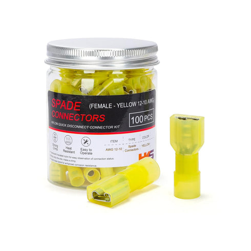 HKS 100PCS Nylon Female Spade Quick Disconnect Connector - Yellow 12-10 AWG Electrical Wire Connectors Kit