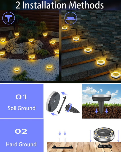 2 Pack 8 Solar Lights Outdoor Waterproof, LED, Thickened Stainless Steel Ground Light, Solar Garden Lights Landscape