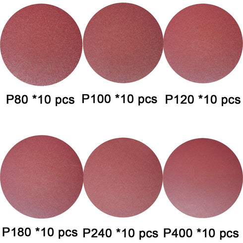Premium 60 PCS 6" PSA Sanding Discs, 10 Each of 80 100 120 180 240 400 Grit for DA Sander