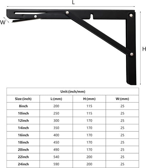 Toirxarn 8" Heavy Duty Black Folding Shelf Brackets, Steel Collapsible Bracket for Wall Mounted Desk, Pack of 2