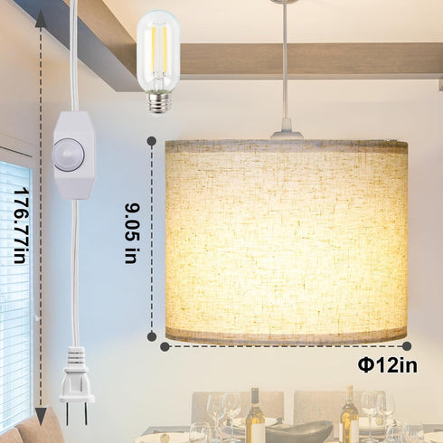 15Ft, LALISU Plug in Pendant Light, Hanging Light with Plug in Cord On/Off Switch Pendant Lighting with Linen Shade