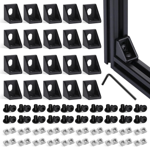 20 Set Black 2020 Series Aluminum Profile Connector Kit, 20pcs Corner Brackets with 40pcs Screws