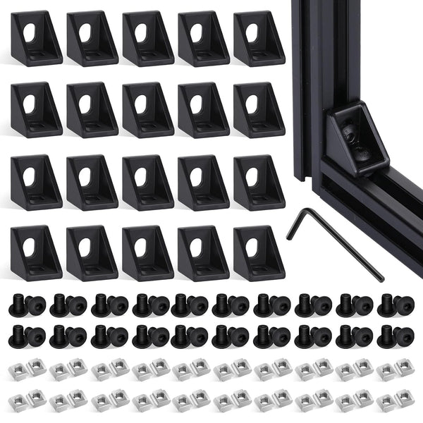20 Set Black 2020 Series Aluminum Profile Connector Kit, 20pcs Corner Brackets with 40pcs Screws