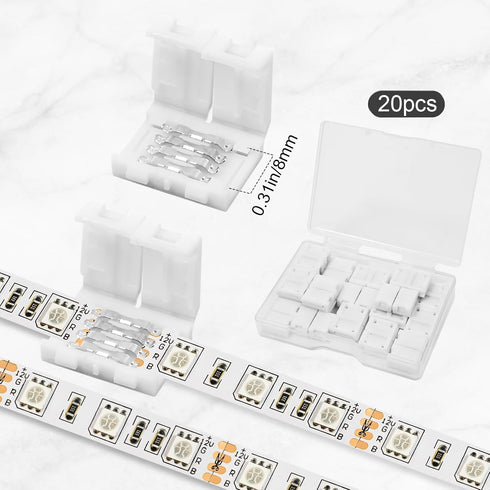Dirvcp 20-Pack 4-Pin 8mm 5050 (8MM-4PIN) PBT Fireproof LED Strip Connectors, Solderless Gapless Adapter for Wide RGB
