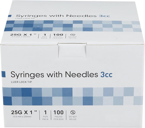 Disposable Lab Syringes, 3ml, 25G 1 Inch Needle, Luer Lock, Pack of 100, Individually Sealed 25 Gauge, Clear