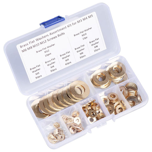 Brass Flat Washer Gasket Kit, 210 Pieces Assortment for M3, M4, M5, M6, M8, M10, M12 Screws and Bolts