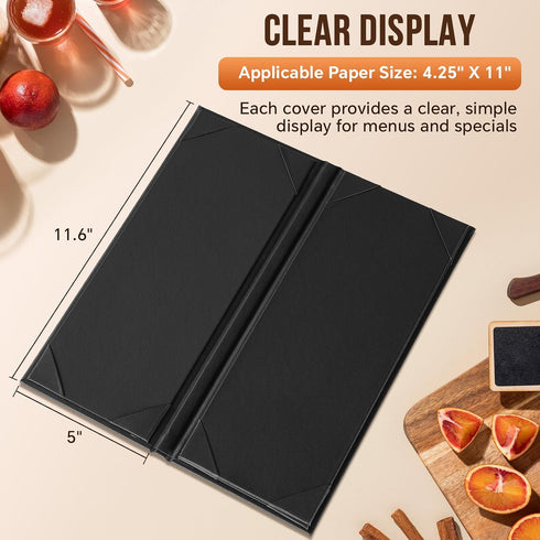 4.25" 11", 6 Pack (4 MYFULLY Restaurant Menu Holders x Black PU Leather Single Panel Menu Covers with Angled Corners