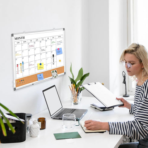 Monthly Calendar Whiteboard Dry Erase Cork Board Combo, 30" x 20" Magnetic Double-Sided Calendar