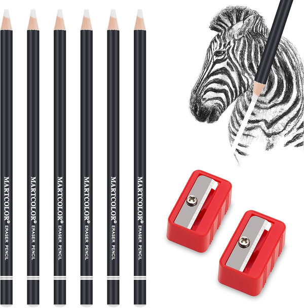 Professional Eraser Pencil Set, 6pc Eraser Pencils and 2pc Sharpener for Sketching and Charcoal Drawings