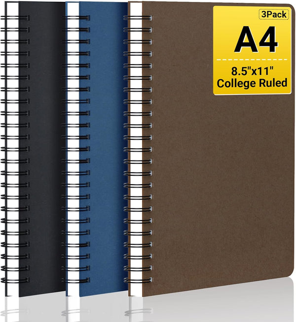 EUSOAR Spiral Notebook, 3 Packs A4 8.5"x11" College Ruled Notebooks, 120 Pages/60 Sheets, Thick Paper for Student