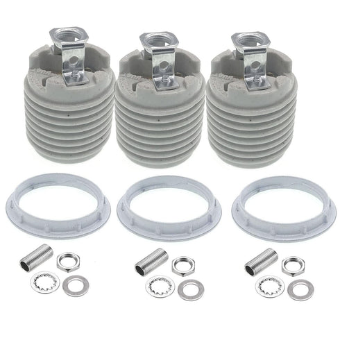 JNXQWE Porcelain Threaded Socket with Metal Shade Ring, Ceramic Medium Base Screw Socket (3-Pack, Glazed)