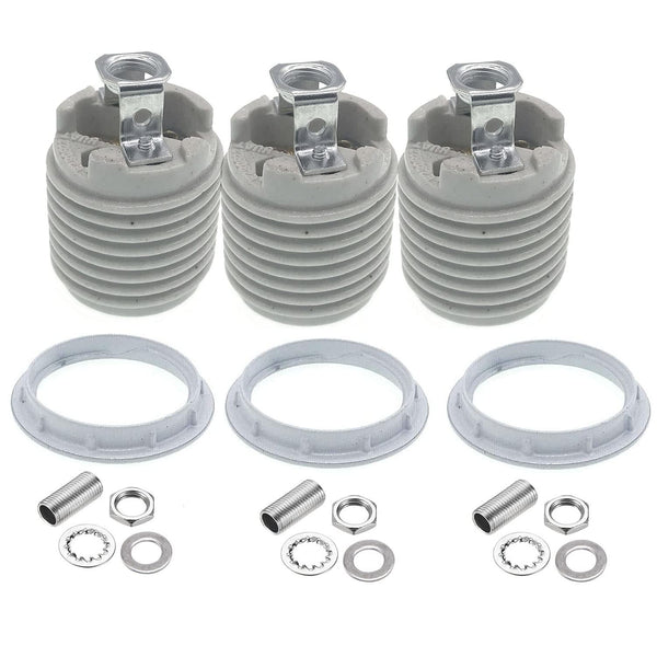 JNXQWE Porcelain Threaded Socket with Metal Shade Ring, Ceramic Medium Base Screw Socket (3-Pack, Glazed)