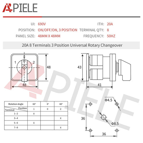 APIELE Universal Rotary Cam Selector Switch, 3 Position 440V, 20A 8 Terminal